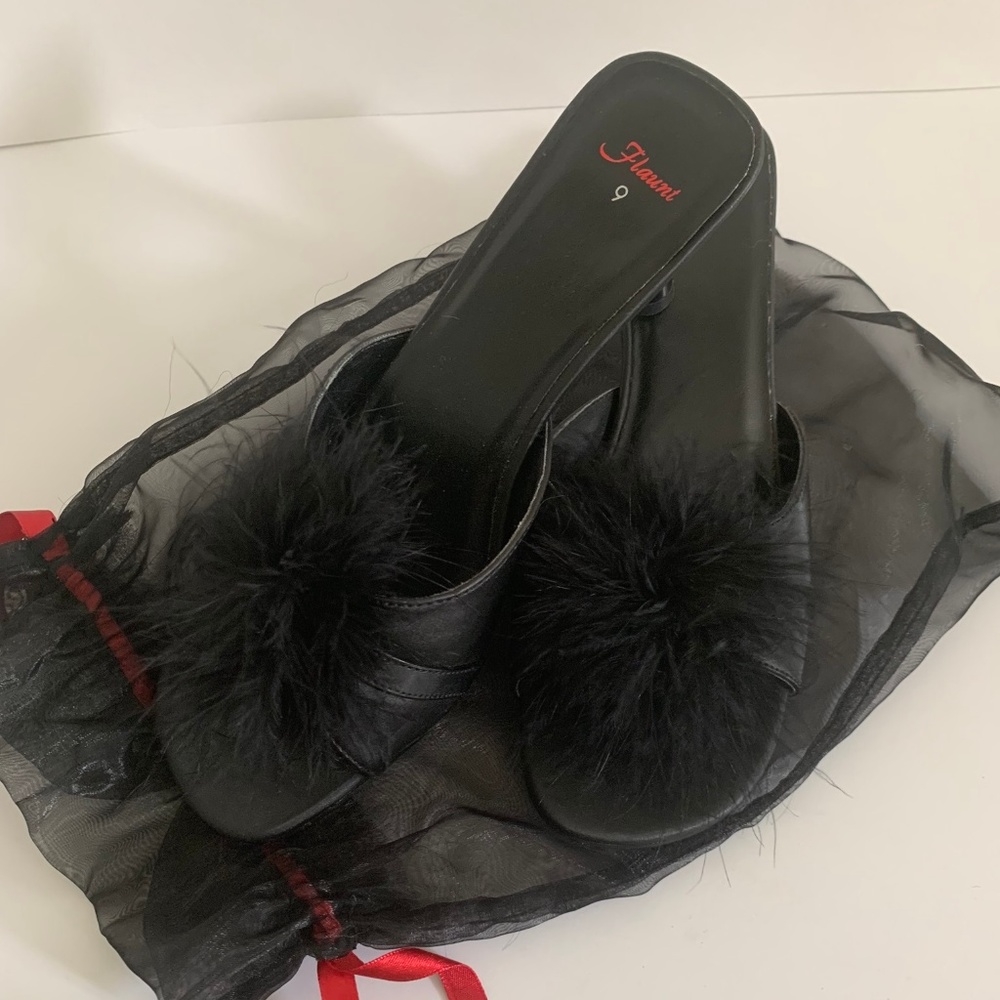 Black Satin and Feather slippers